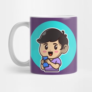 Cute Boy With Phone Cartoon Illustration Mug